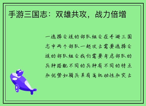 手游三国志：双雄共攻，战力倍增